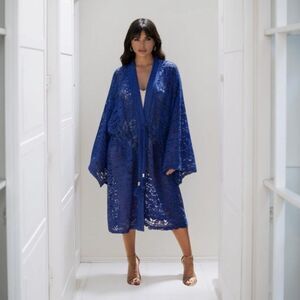 FREE PEOPLE Rare Blue Bell Sleeve Cut Out Lace embroidered Duster Sweater One Sz